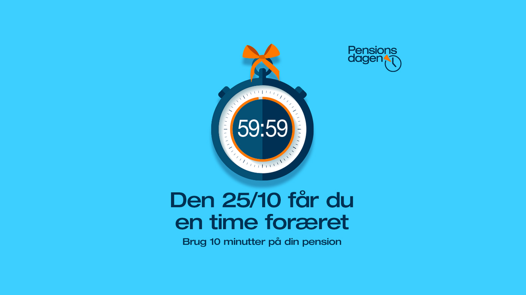 Grafisk fremstilling af et stopur med teksten: "Den 25/10 får du en time foræret. Brug 10 minutter på din pension".