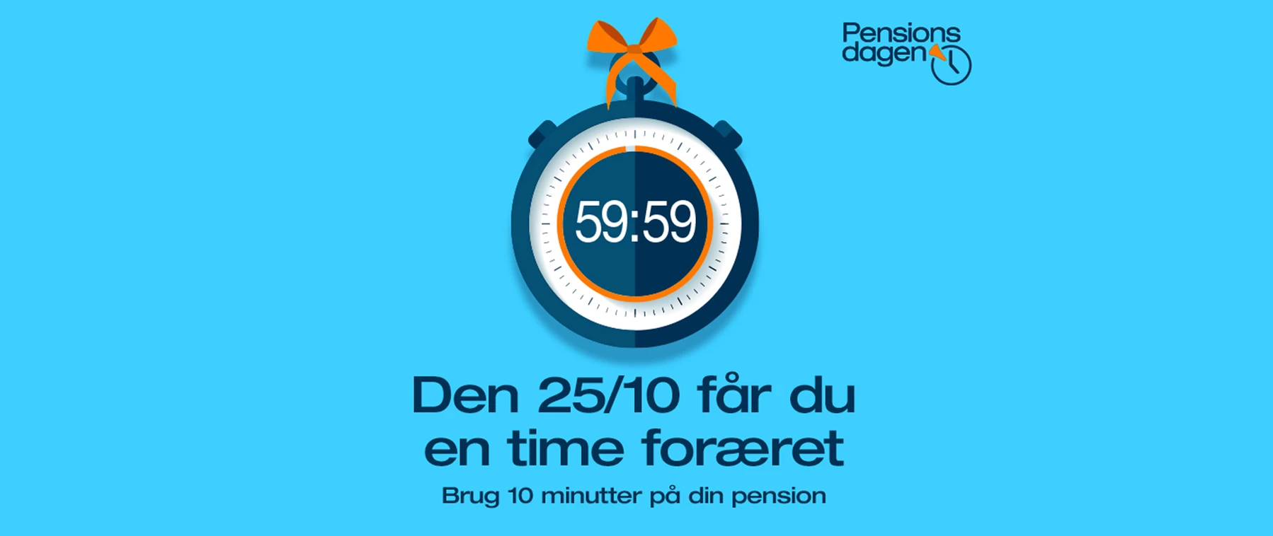 Grafisk fremstilling af et stopur med teksten: "Den 25/10 får du en time foræret. Brug 10 minutter på din pension".