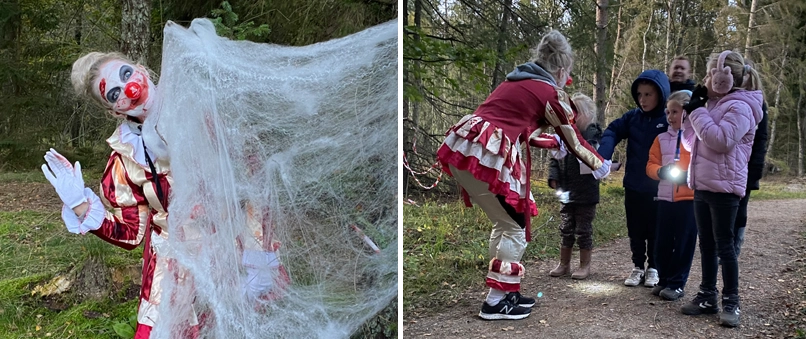 Et todelt billede. Til højre ses en kvindelig klovn der står bag et spindelvæv og vinker. Til højre ses klovnen igen, der deler slik ud til 4 fire børn og deres forældre, 