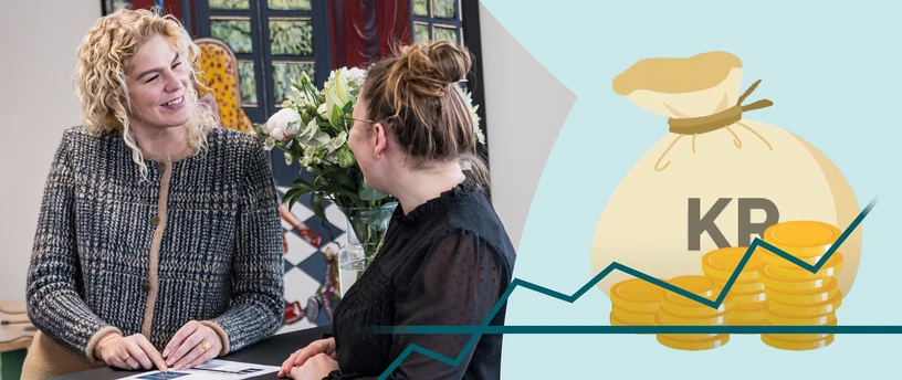 Kunde og rådgiver der taler sammen og i højre side grafik af en pengesæk og en opadgående graf.