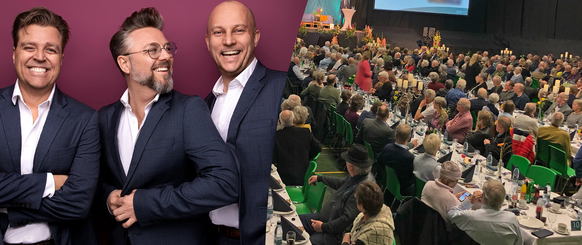 Todelt billede. Til venstre tre mænd og til høje en hal fyldt med mennesker der sidder til bords, mens de ser op mod en scene, hvor en mand præsenterer noget på en storskærm.