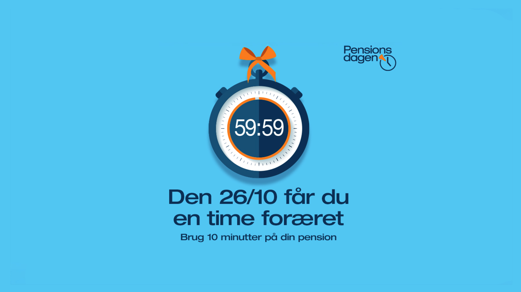 Grafik fremstilling af et stopur med teksten: "Den 26/10 får du en time foræret. Brug 10 minutter på din pension".