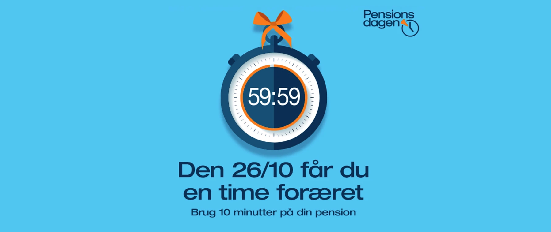 Grafik fremstilling af et stopur med teksten: "Den 26/10 får du en time foræret. Brug 10 minutter på din pension".