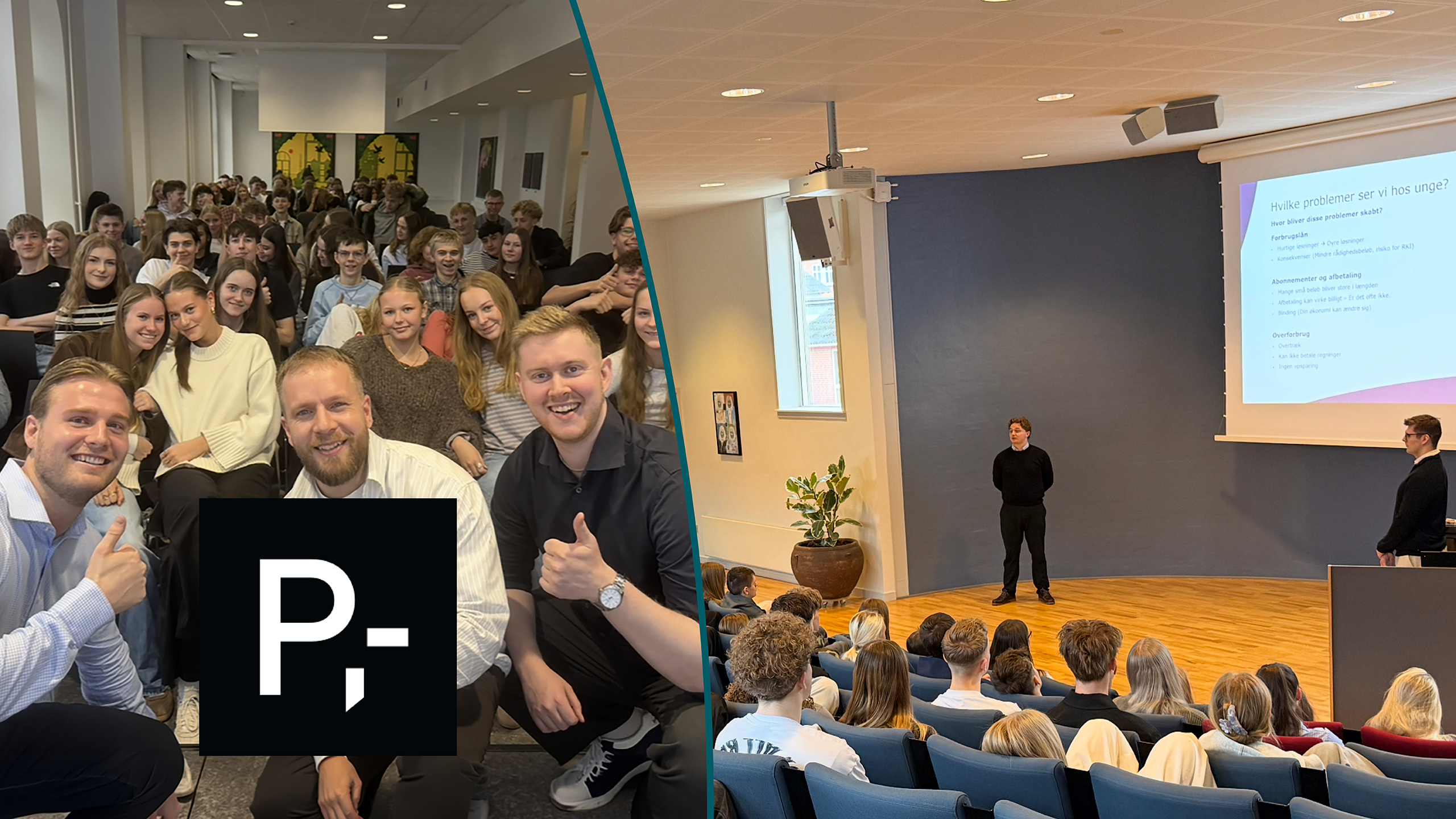 Billeder af unge rådgivere fra Djurslands Bank på besøg på to forskellige skoler
