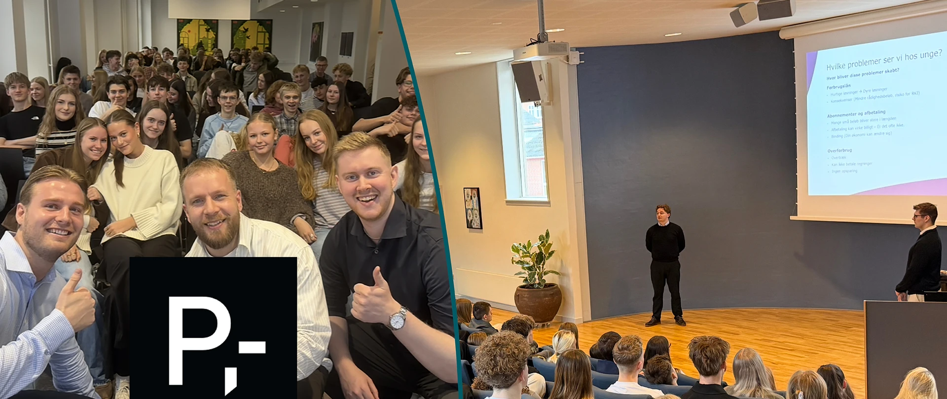 Billeder af unge rådgivere fra Djurslands Bank på besøg på to forskellige skoler