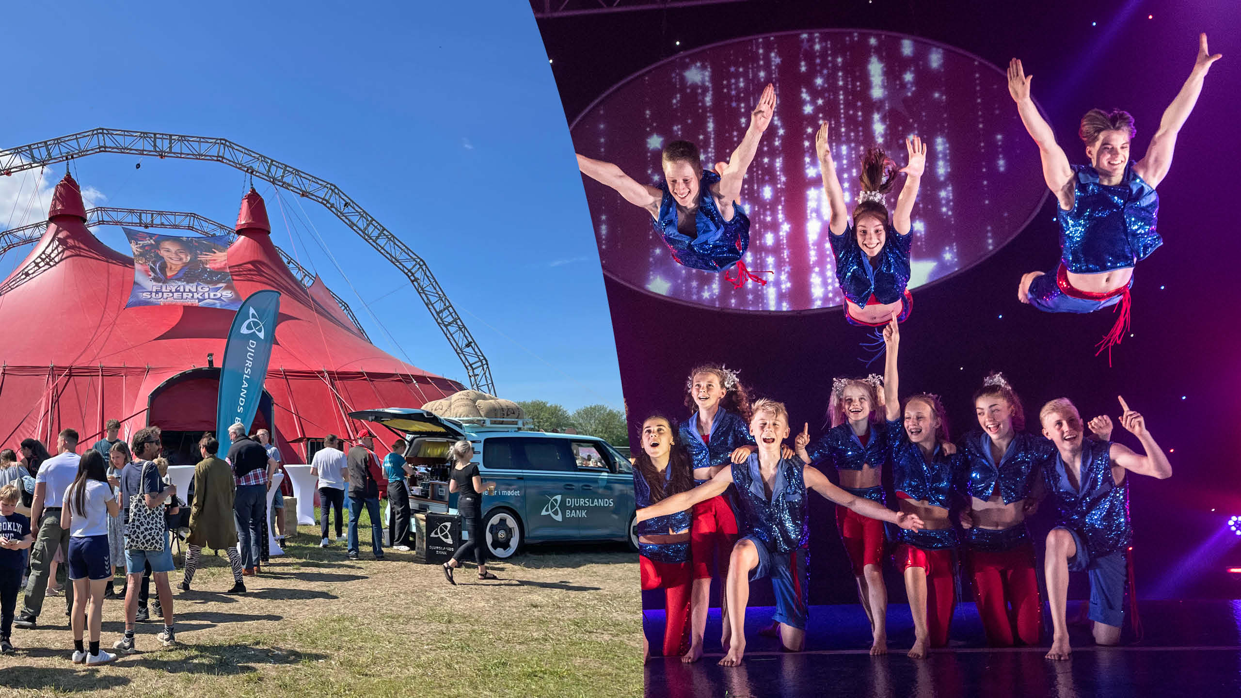 Todelt billede. Til venstre ses Djurslnads Banks kaffebil foran Flying superkids' showtelt. Til højre ses Flying superkids.