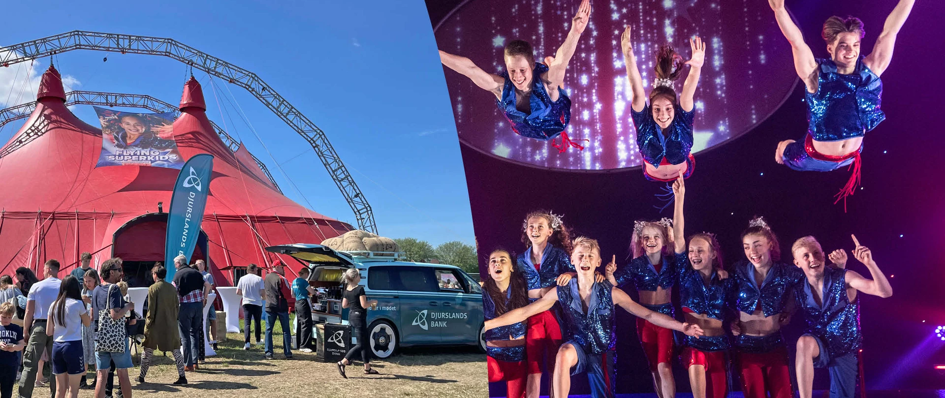 Todelt billede. Til venstre ses Djurslnads Banks kaffebil foran Flying superkids' showtelt. Til højre ses Flying superkids.
