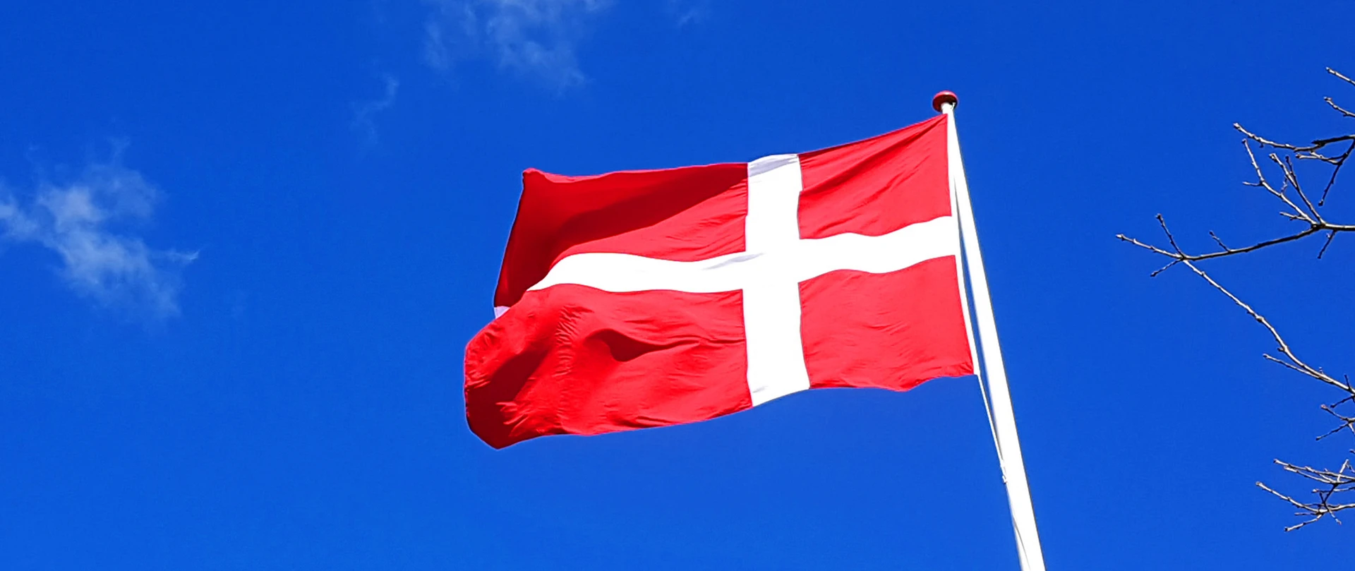 Dannebros flag blæser i vinden med en smuk blå himmel i baggrunden.