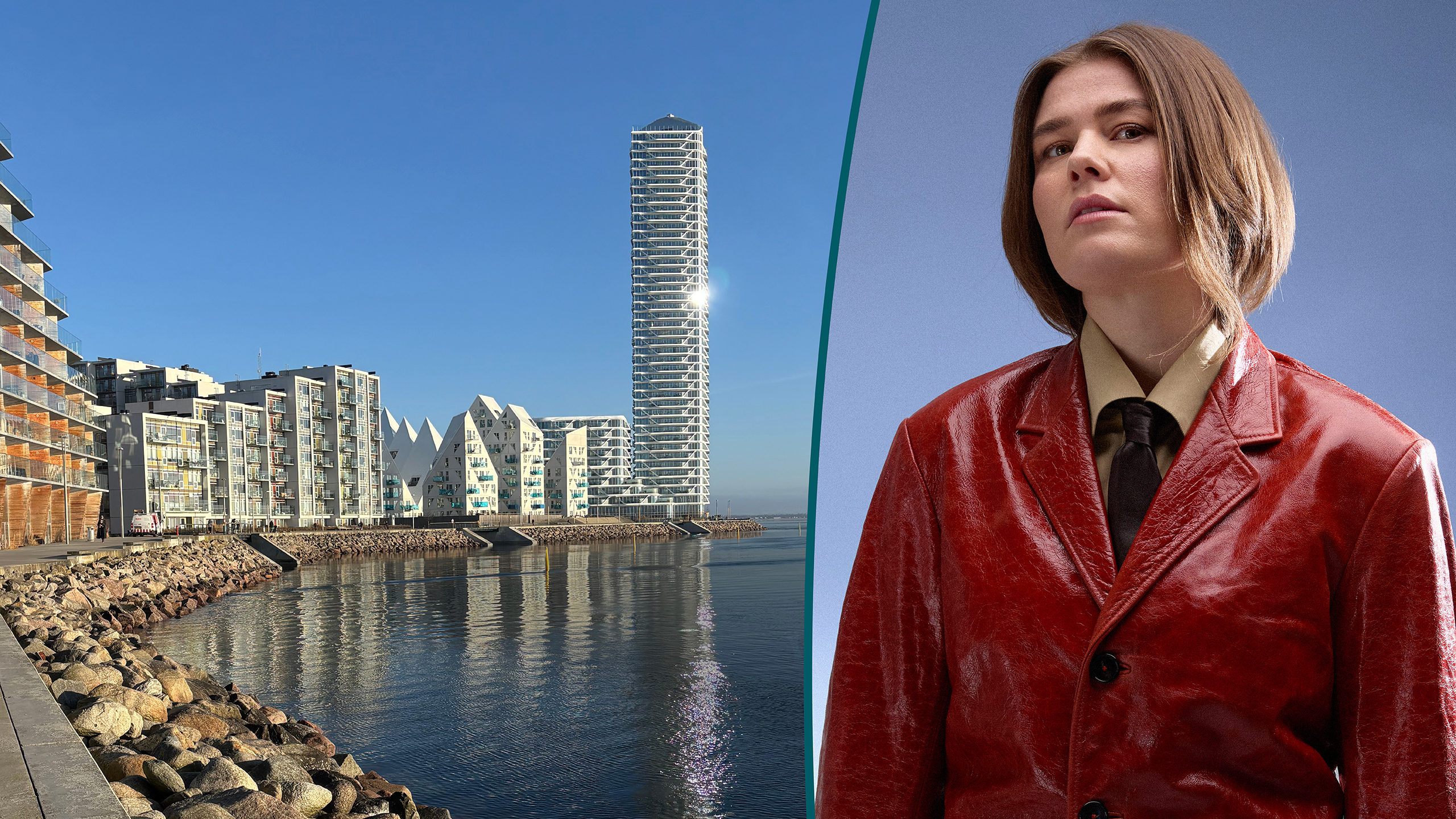 To-delt billede. Til venstre ses udsigt over Aarhus Ø. I billedet ses blandt andet Isbjerget og Lighthouse. Til højre ses popstjernen Pil.