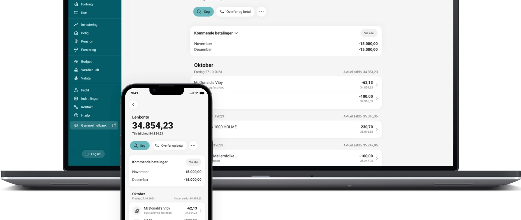 Skærmbillede af Djurslands Banks mobilbank og netbank.