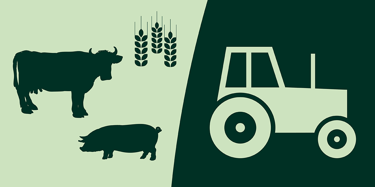 Landbrugsgrafik med gris, kvæg, korn og traktor