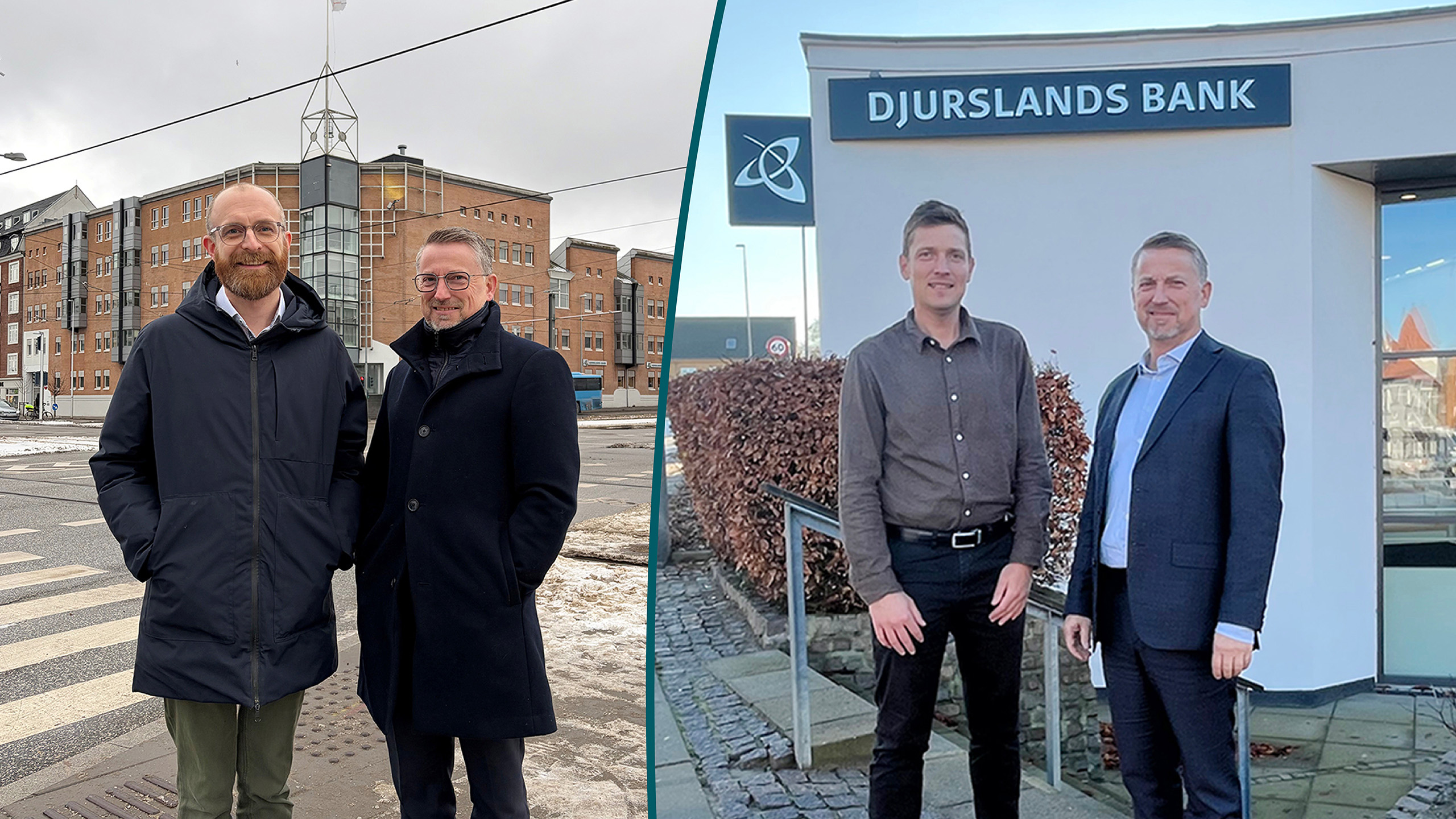 Todelt billede. Til venstre står filialdirektør Rasmus Bernth Brinch sammen med Administrerende direktør, CEO Sigurd Bohlbro Simmelsgaard foran afdelingen i Aarhus. Til Højre står filialdirektør Klaus Madsen foran afdelingen i Højbjerg ligeledes sammen med Sigurd Sigurd Bohlbro Simmelsgaard.
