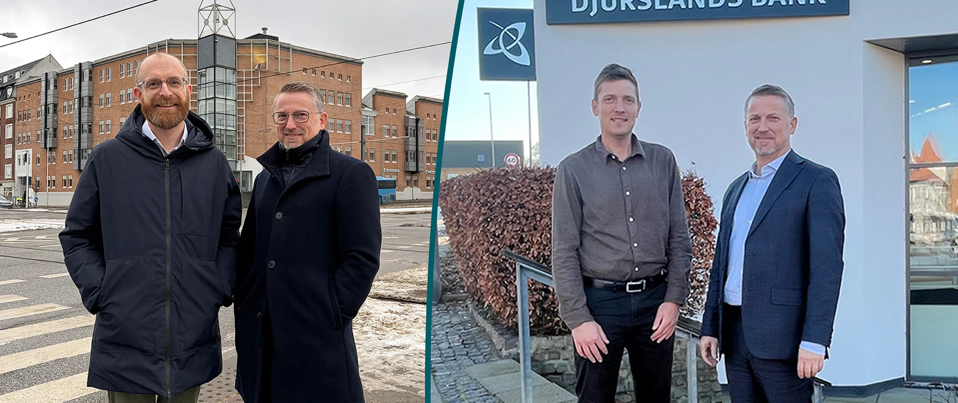 Todelt billede. Til venstre står filialdirektør Rasmus Bernth Brinch sammen med Administrerende direktør, CEO Sigurd Bohlbro Simmelsgaard foran afdelingen i Aarhus. Til Højre står filialdirektør Klaus Madsen foran afdelingen i Højbjerg ligeledes sammen med Sigurd Sigurd Bohlbro Simmelsgaard.