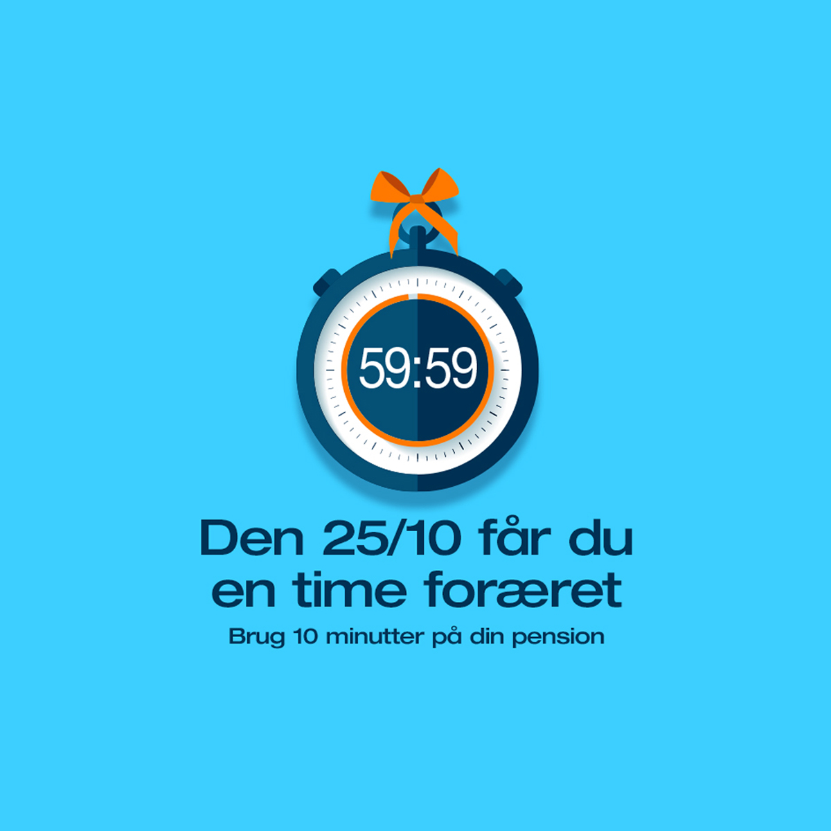 Et stopur viser 59 minutter og 59 sekunder. Og teksten "Den 25/10 får du en time foræret. Brug 10 minutter på din pension."